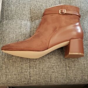 Coutgo Chunky Heel Round Toe Side Zip Metal Buckle Ankle Boots in Brown Size 9.5